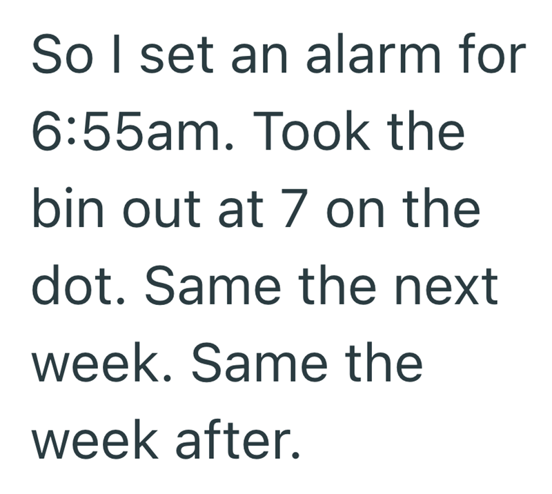 So I set an alarm for 6:55am. Took the bin out at 7 on the dot. Same the next week. Same the week after.
