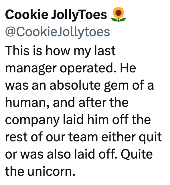 Cookie JollyToes @CookieJollytoes This is how my last manager operated. He was an absolute gem of a human, and after the company laid him off the rest of our team either quit or was also laid off. Quite the unicorn.