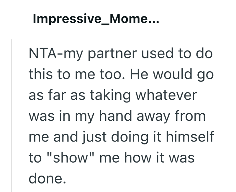 Impressive Mome... NTA-my partner used to do this to me too. He would go as far as taking whatever was in my hand away from me and just doing it himself to "show" me how it was done.