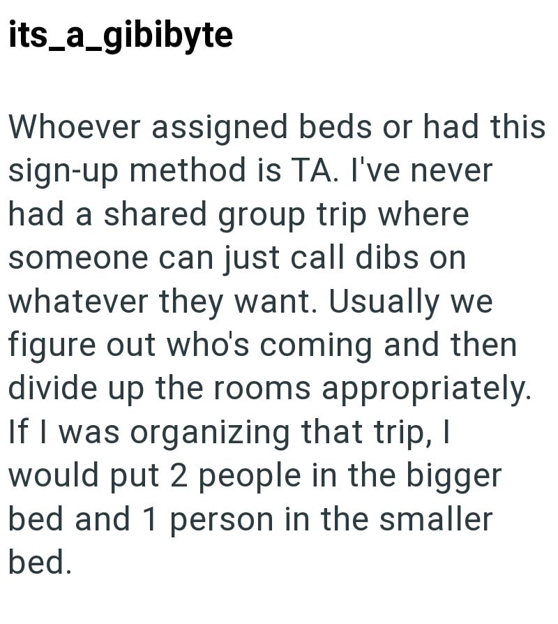 its_a_gibibyte Whoever assigned beds or had this sign-up method is TA. I've never had a shared group trip where someone can just call dibs on whatever they want. Usually we figure out who's coming and then divide up the rooms appropriately. If I was organizing that trip, I would put 2 people in the bigger bed and 1 person in the smaller bed.