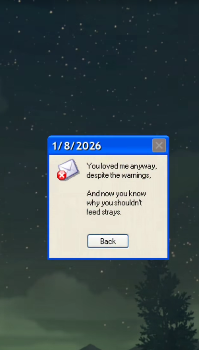 1/8/2026 You loved me anyway, despite the warnings, And now you know why you shouldn't feed strays. X Back