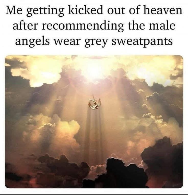 Me getting kicked out of heaven after recommending the male angels wear grey sweatpants