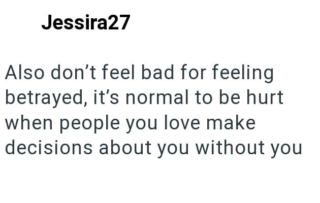Jessira27 Also don't feel bad for feeling betrayed, it's normal to be hurt when people you love make decisions about you without you