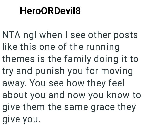 HeroORDevil8 NTA ngl when I see other posts like this one of the running themes is the family doing it to try and punish you for moving away. You see how they feel about you and now you know to give them the same grace they give you.