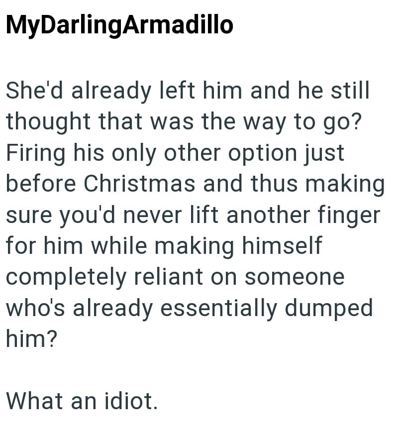 MyDarlingArmadillo She'd already left him and he still thought that was the way to go? Firing his only other option just before Christmas and thus making sure you'd never lift another finger for him while making himself completely reliant on someone who's already essentially dumped him? What an idiot.