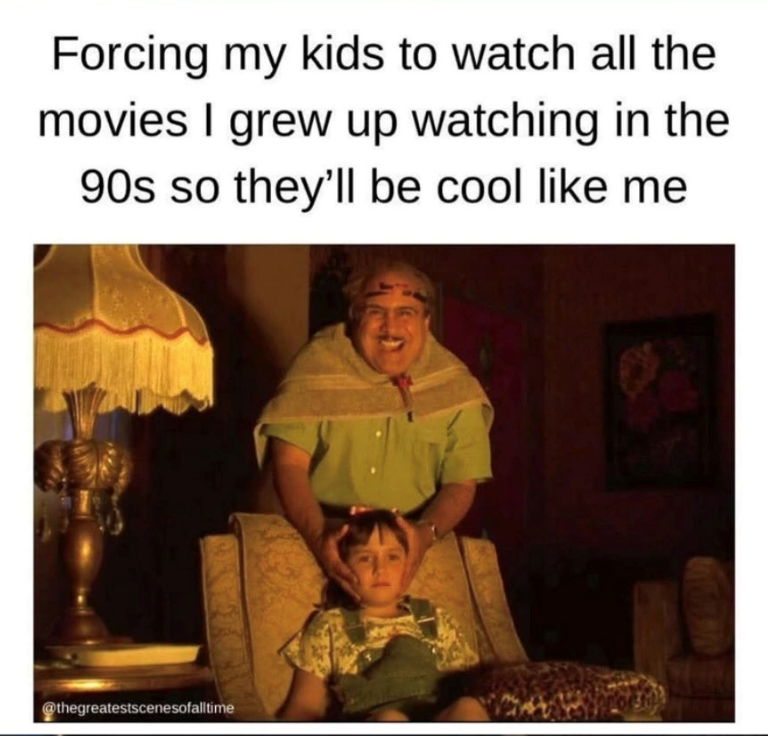 Forcing my kids to watch all the movies I grew up watching in the 90s so they'll be cool like me @thegreatestscenesofalltime