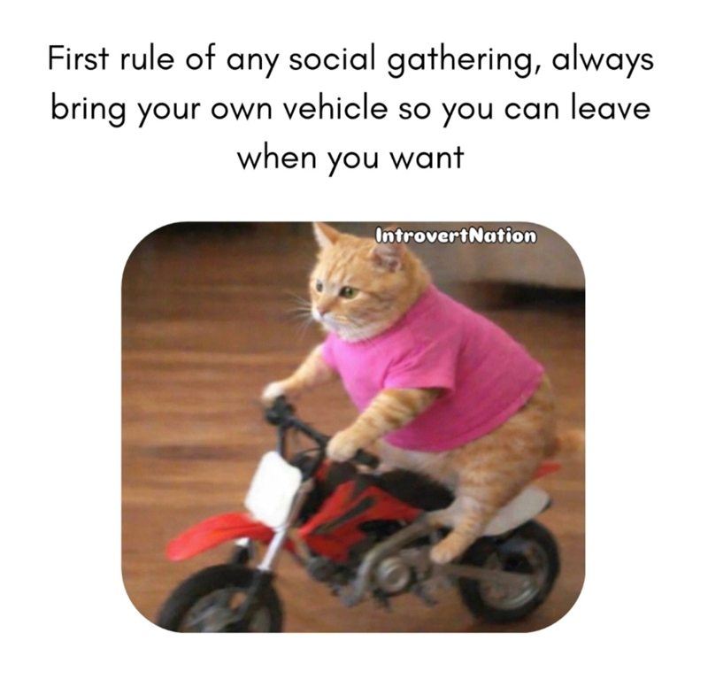First rule of any social gathering, always bring your own vehicle so you can leave when you want IntrovertNation