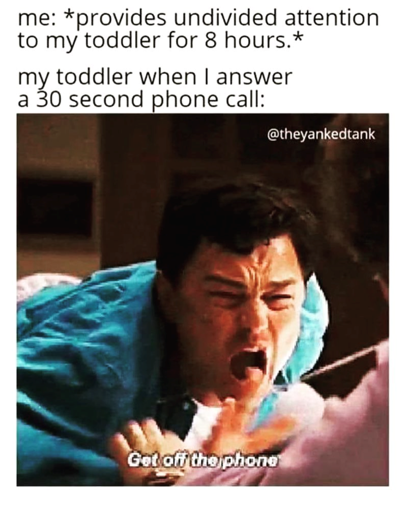 me: *provides undivided attention to my toddler for 8 hours.* my toddler when I answer a 30 second phone call: @theyankedtank Get off the phone