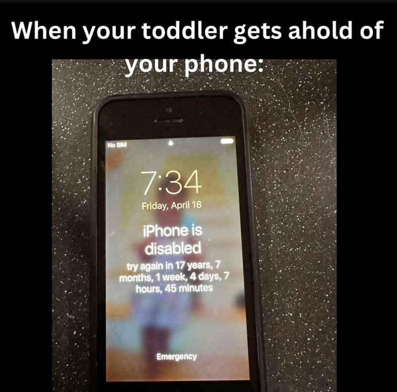 When your toddler gets ahold of your phone: No SIM 7:34 Friday, April 18 iPhone is disabled try again in 17 years, 7 months, 1 week, 4 days, 7 hours, 45 minutes Emergency
