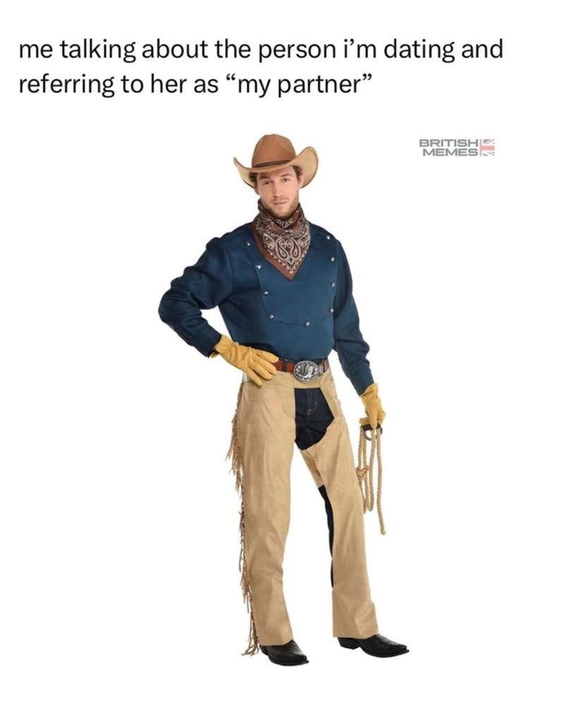 me talking about the person i'm dating and referring to her as "my partner" BRITISH MEMES
