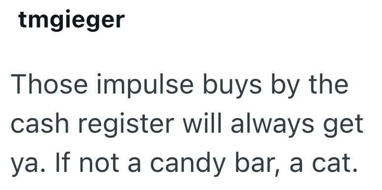 tmgieger Those impulse buys by the cash register will always get ya. If not a candy bar, a cat.