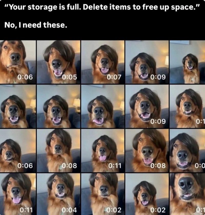 "Your storage is full. Delete items to free up space." No, I need these. 0:06 0:05 0:07 0:09 0:09 0:1 0:06 20:08 0:11 0:08 0:0 0:11 0:04 0:02 0:02 0:1