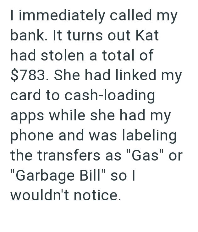 I immediately called my bank. It turns out Kat had stolen a total of $783. She had linked my card to cash-loading apps while she had my phone and was labeling the transfers as "Gas" or "Garbage Bill" so I wouldn't notice.
