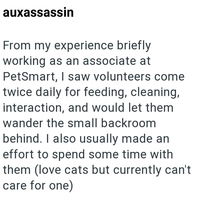 auxassassin From my experience briefly working as an associate at PetSmart, I saw volunteers come twice daily for feeding, cleaning, interaction, and would let them wander the small backroom behind. I also usually made an effort to spend some time with them (love cats but currently can't care for one)