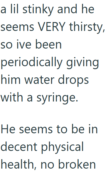a lil stinky and he seems VERY thirsty, so ive been periodically giving him water drops with a syringe. He seems to be in decent physical health, no broken