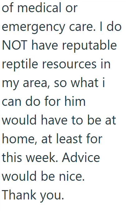 of medical or emergency care. I do NOT have reputable reptile resources in my area, so what i can do for him would have to be at home, at least for this week. Advice would be nice. Thank you.