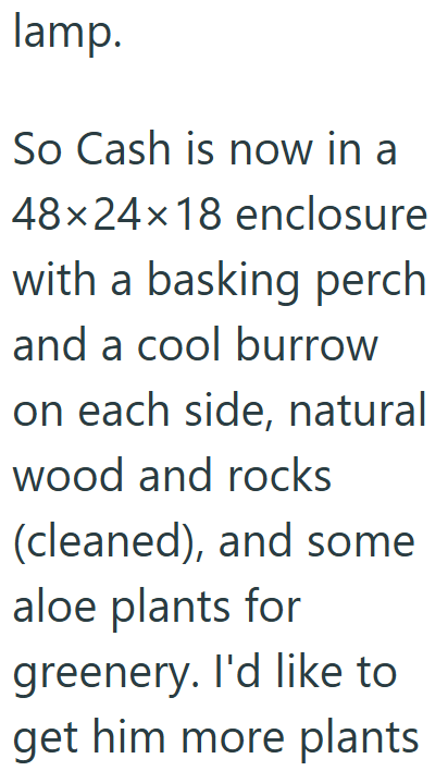 lamp. So Cash is now in a 48×24×18 enclosure with a basking perch and a cool burrow on each side, natural wood and rocks (cleaned), and some aloe plants for greenery. I'd like to get him more plants