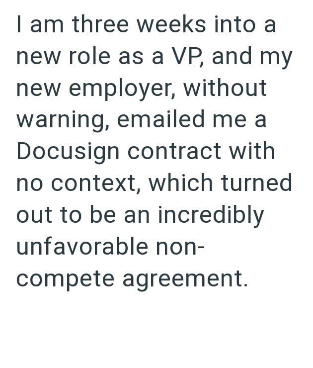 I am three weeks into a new role as a VP, and my new employer, without warning, emailed me a Docusign contract with no context, which turned out to be an incredibly unfavorable non- compete agreement.