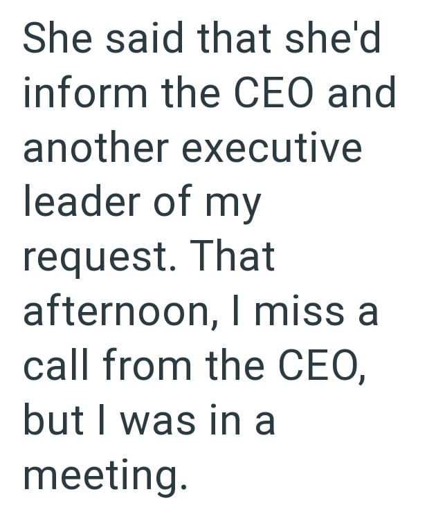 She said that she'd inform the CEO and another executive leader of my request. That afternoon, I miss a call from the CEO, but I was in a meeting.