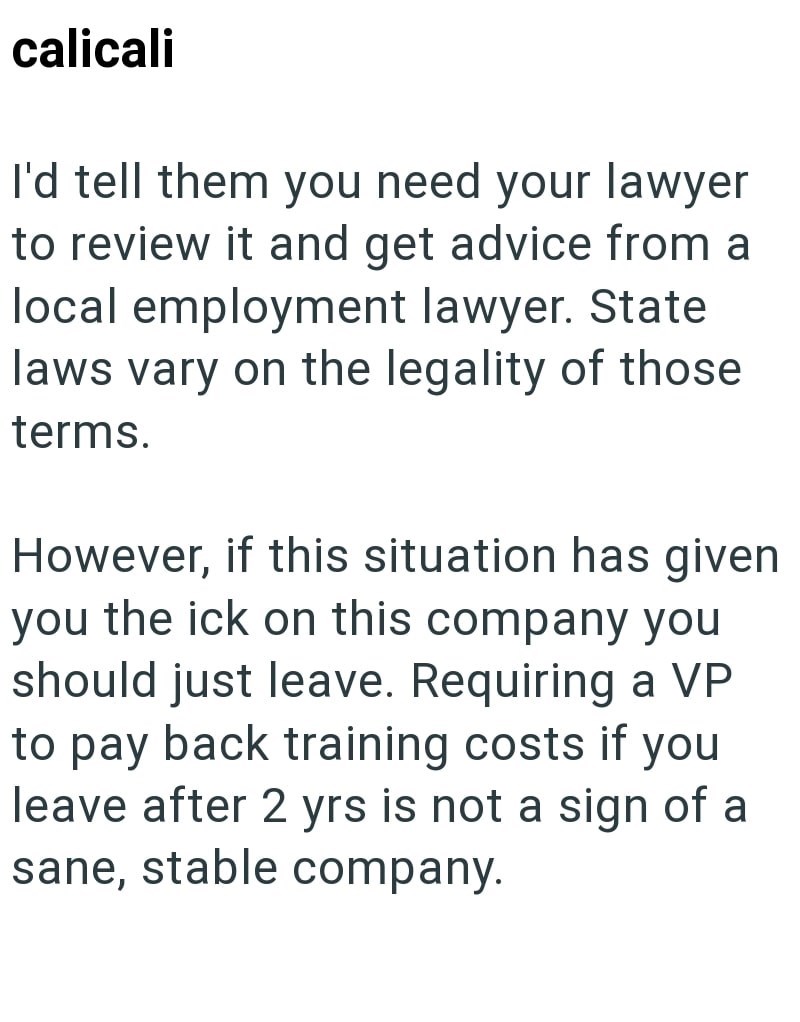 calicali I'd tell them you need your lawyer to review it and get advice from a local employment lawyer. State laws vary on the legality of those terms. However, if this situation has given you the ick on this company you should just leave. Requiring a VP to pay back training costs if you leave after 2 yrs is not a sign of a sane, stable company.