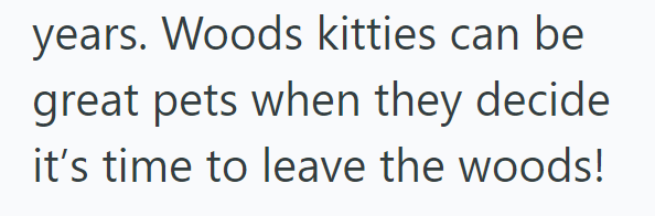 years. Woods kitties can be great pets when they decide it's time to leave the woods!