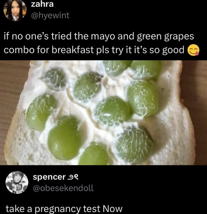 zahra @hyewint if no one's tried the mayo and green grapes combo for breakfast pls try it it's so good spencer 99 @obesekendoll take a pregnancy test Now