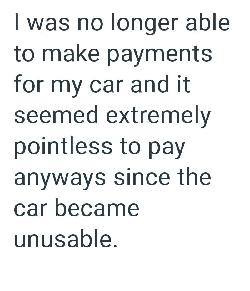 I was no longer able to make payments for my car and it seemed extremely pointless to pay anyways since the car became unusable.