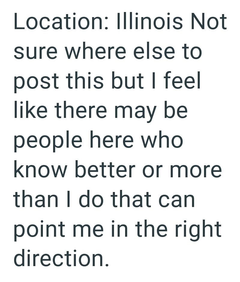 Location: Illinois Not sure where else to post this but I feel like there may be people here who know better or more than I do that can point me in the right direction.