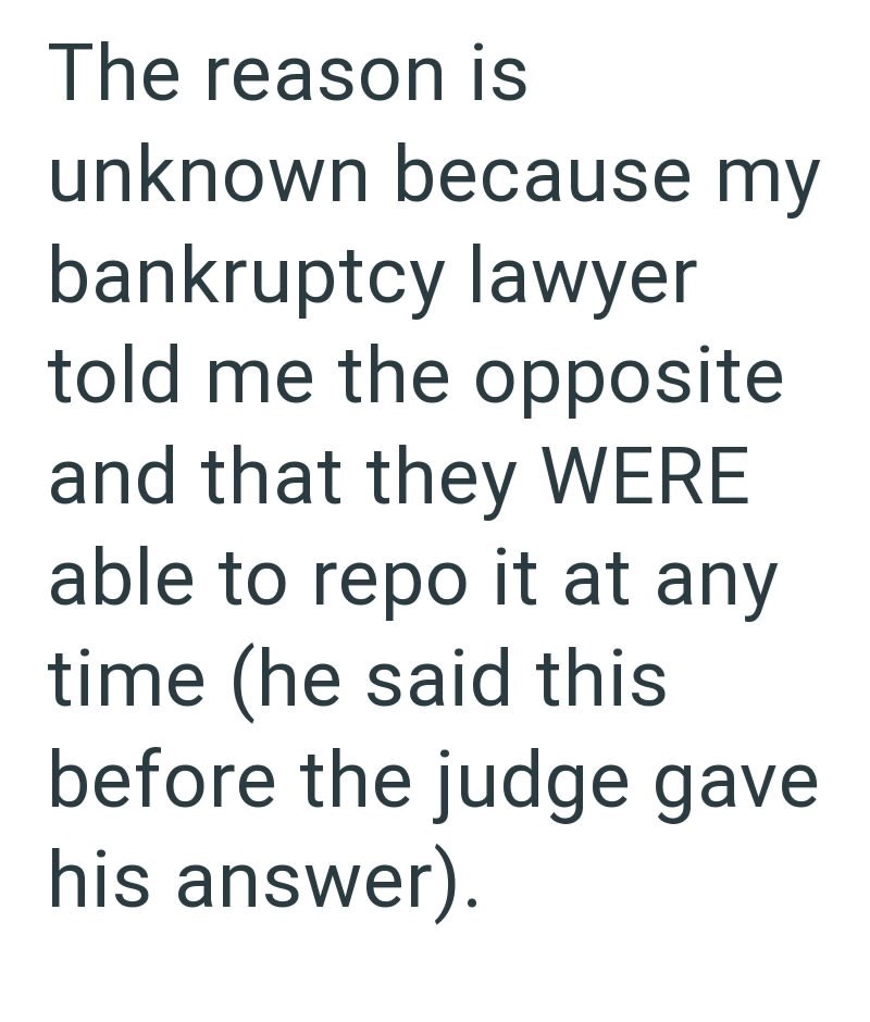 The reason is unknown because my bankruptcy lawyer told me the opposite and that they WERE able to repo it at any time (he said this before the judge gave his answer).
