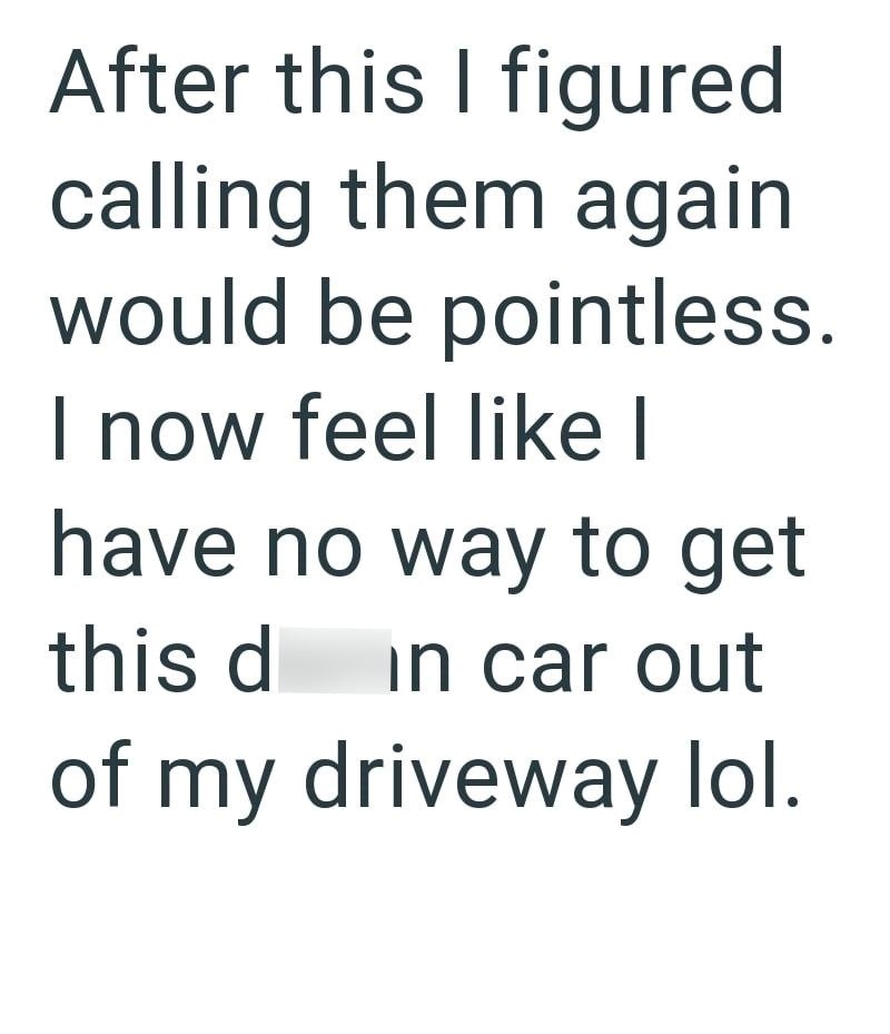 After this I figured calling them again would be pointless. I now feel like I have no way to get this d in car out of my driveway lol.
