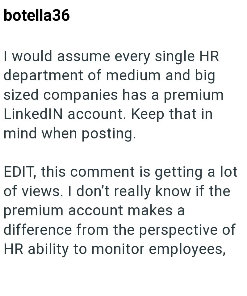 botella36 I would assume every single HR department of medium and big sized companies has a premium LinkedIN account. Keep that in mind when posting. EDIT, this comment is getting a lot of views. I don't really know if the premium account makes a difference from the perspective of HR ability to monitor employees,
