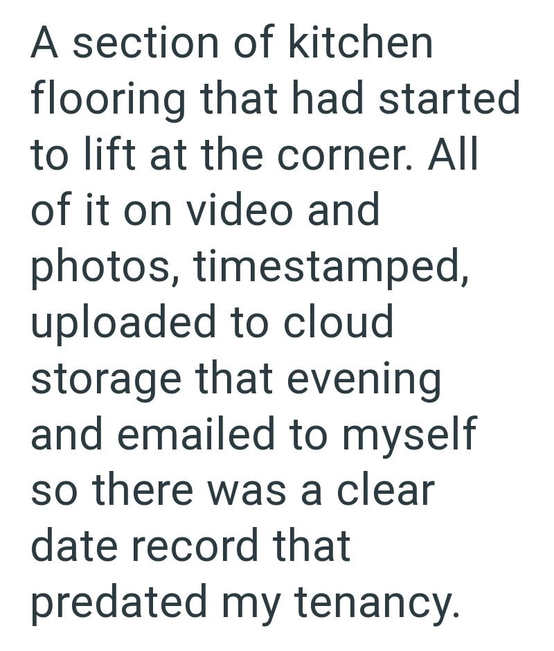 A section of kitchen flooring that had started to lift at the corner. All of it on video and photos, timestamped, uploaded to cloud storage that evening and emailed to myself so there was a clear date record that predated my tenancy.
