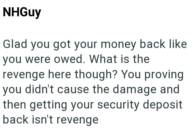 NHGuy Glad you got your money back like you were owed. What is the revenge here though? You proving you didn't cause the damage and then getting your security deposit back isn't revenge