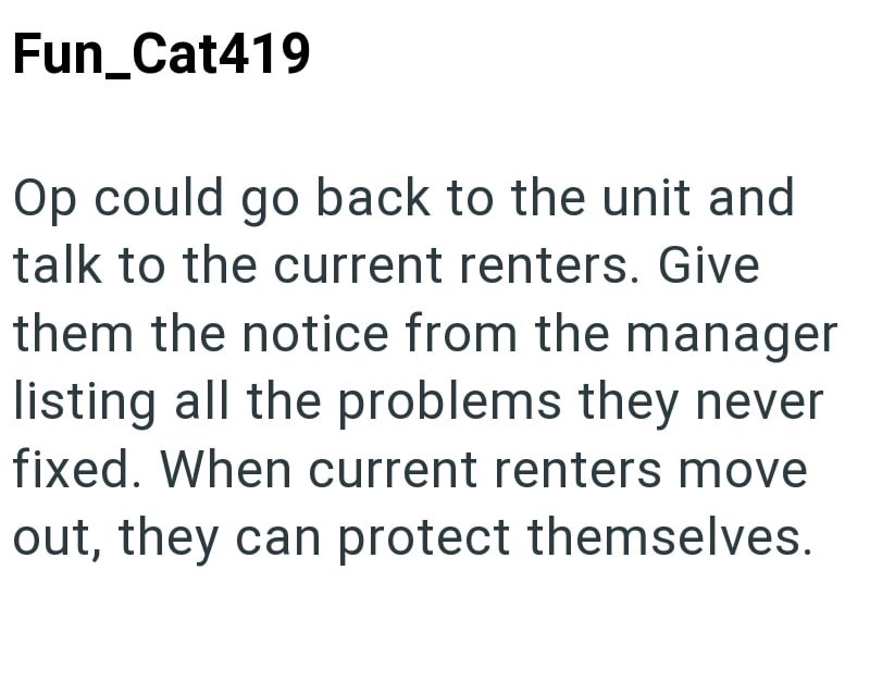 Fun_Cat419 Op could go back to the unit and talk to the current renters. Give them the notice from the manager listing all the problems they never fixed. When current renters move out, they can protect themselves.