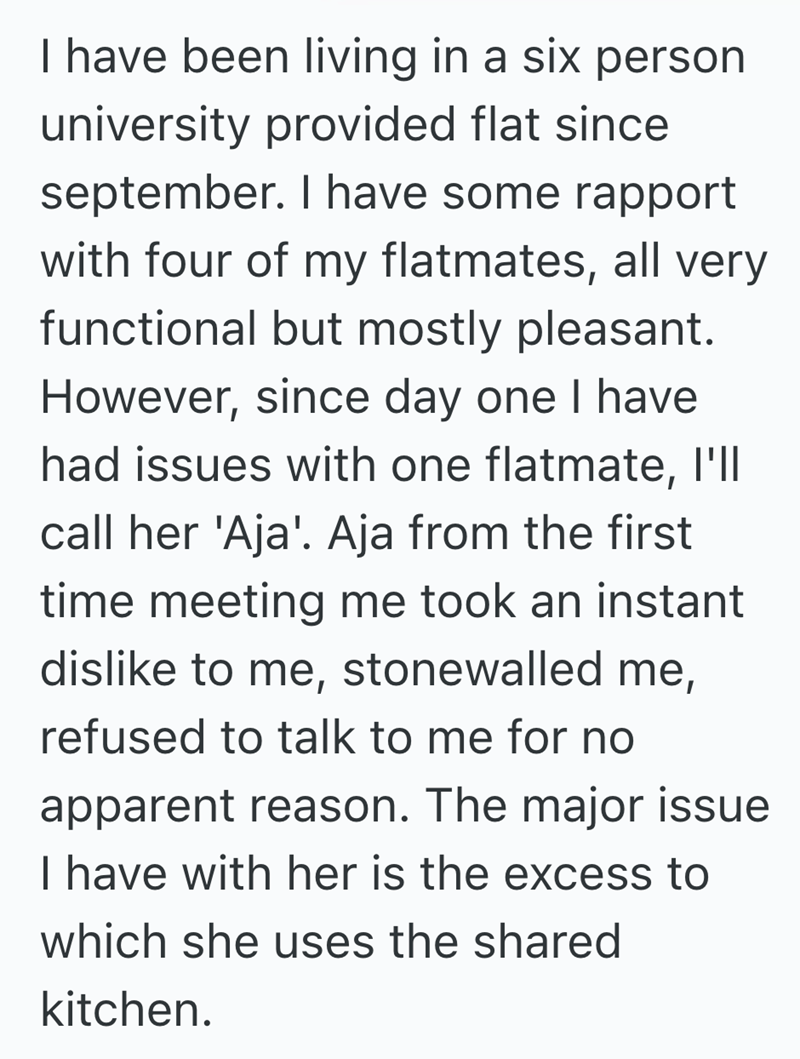 I have been living in a six person university provided flat since september. I have some rapport with four of my flatmates, all very functional but mostly pleasant. However, since day one I have had issues with one flatmate, I'll call her 'Aja'. Aja from the first time meeting me took an instant dislike to me, stonewalled me, refused to talk to me for no apparent reason. The major issue I have with her is the excess to which she uses the shared kitchen.