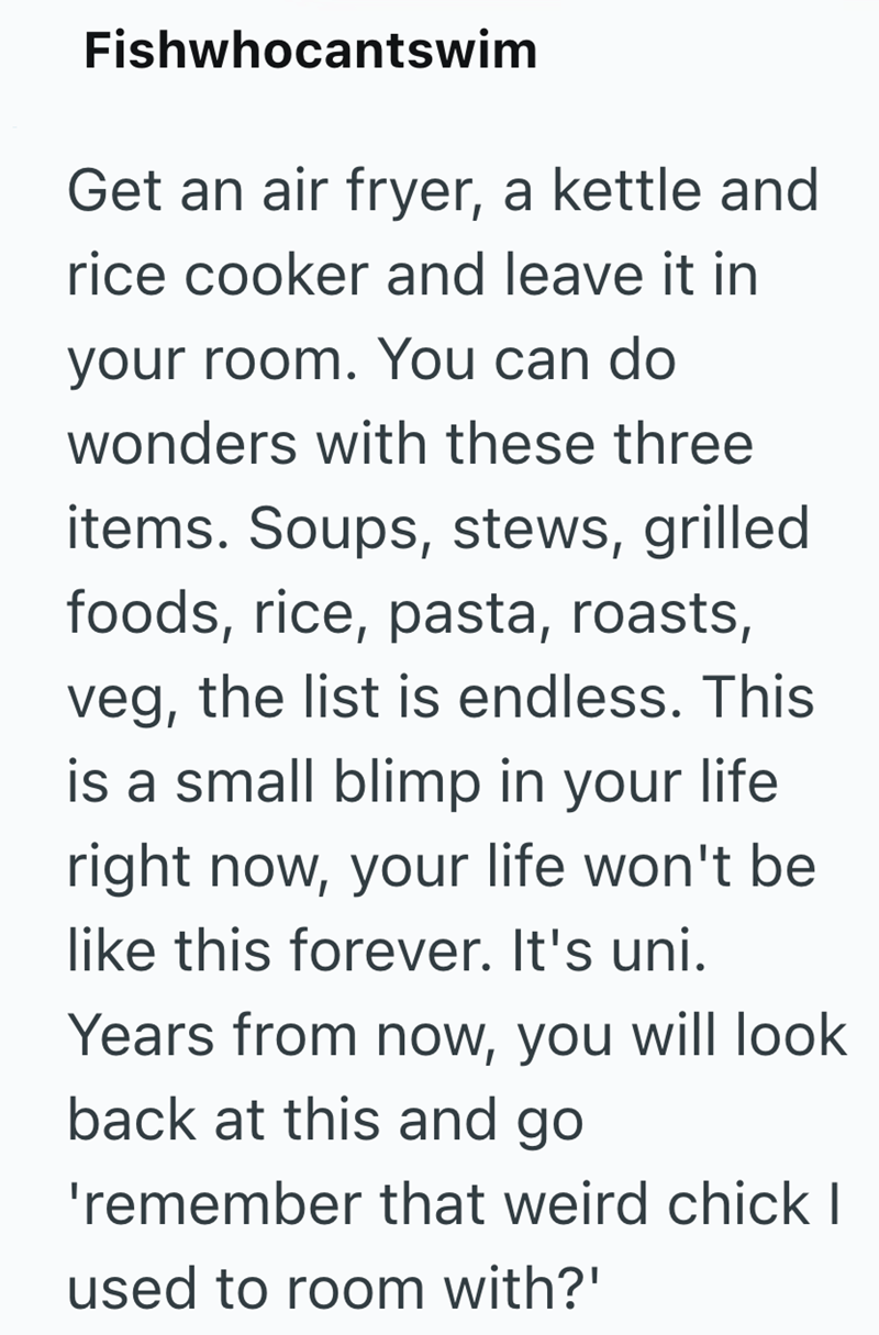 Fishwhocantswim Get an air fryer, a kettle and rice cooker and leave it in your room. You can do wonders with these three items. Soups, stews, grilled foods, rice, pasta, roasts, veg, the list is endless. This is a small blimp in your life right now, your life won't be like this forever. It's uni. Years from now, you will look back at this and go 'remember that weird chick I used to room with?'