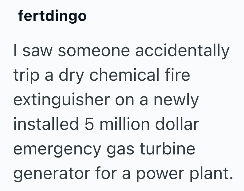 fertdingo I saw someone accidentally trip a dry chemical fire extinguisher on a newly installed 5 million dollar emergency gas turbine generator for a power plant.