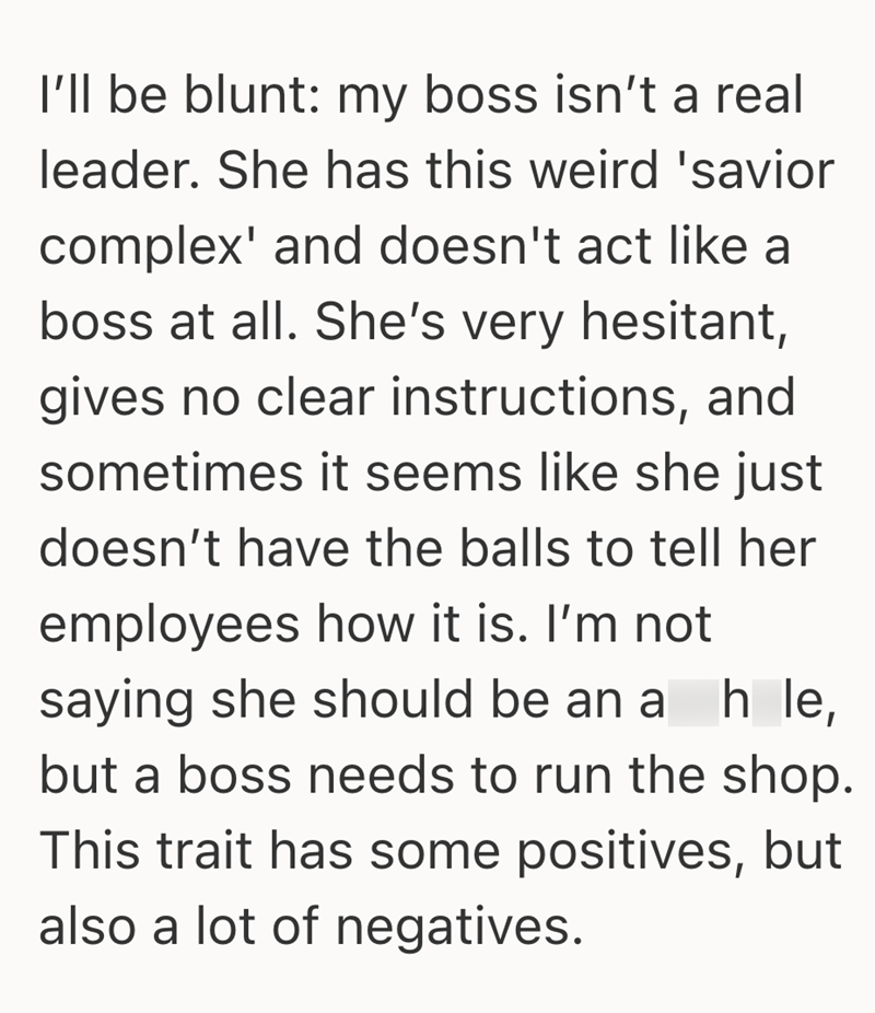 I'll be blunt: my boss isn't a real leader. She has this weird 'savior complex' and doesn't act like a boss at all. She's very hesitant, gives no clear instructions, and sometimes it seems like she just doesn't have the balls to tell her employees how it is. I'm not saying she should be an a h le, but a boss needs to run the shop. This trait has some positives, but also a lot of negatives.