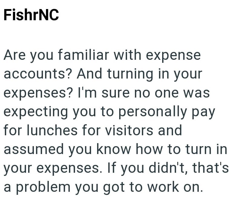 FishrNC Are you familiar with expense accounts? And turning in your expenses? I'm sure no one was expecting you to personally pay. for lunches for visitors and assumed you know how to turn in your expenses. If you didn't, that's a problem you got to work on.