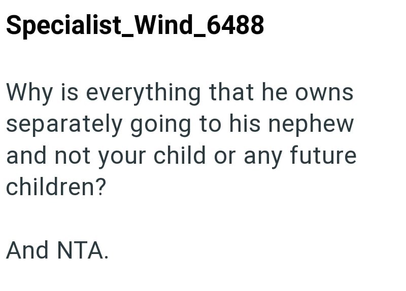 Specialist_Wind_6488 Why is everything that he owns separately going to his nephew and not your child or any future children? And NTA.