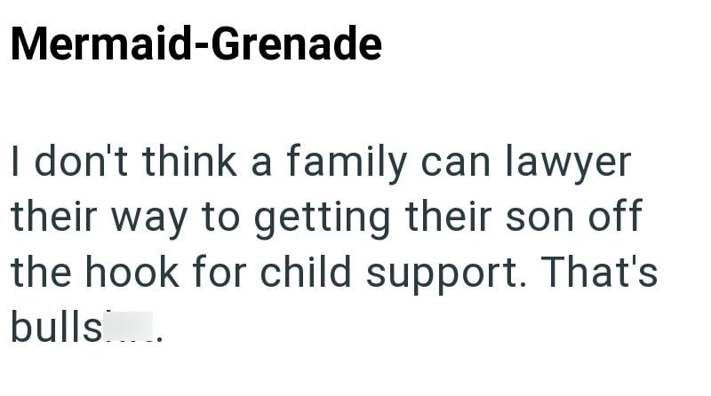 Mermaid-Grenade I don't think a family can lawyer their way to getting their son off the hook for child support. That's bulls.