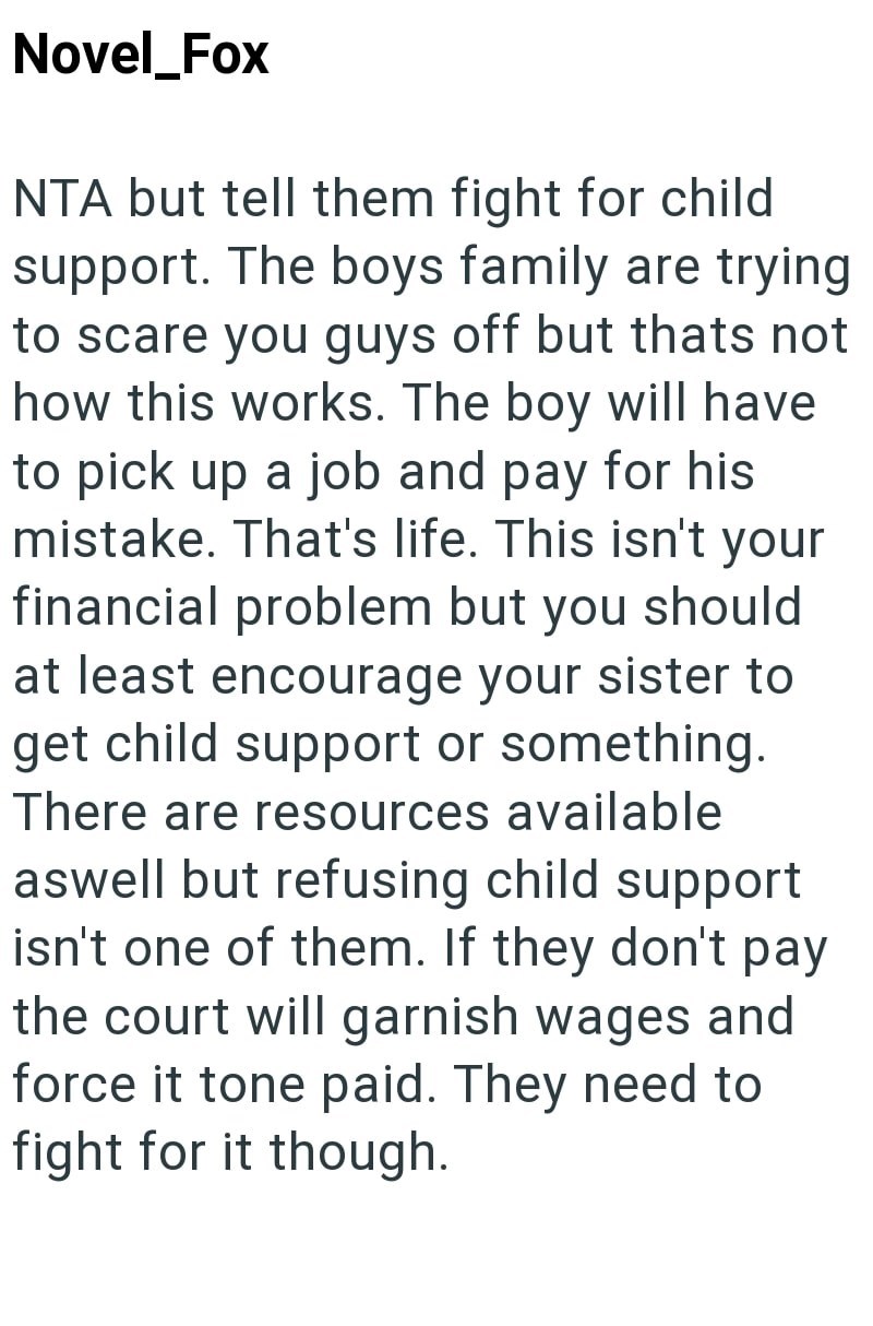 Novel_Fox NTA but tell them fight for child support. The boys family are trying to scare you guys off but thats not how this works. The boy will have to pick up a job and pay for his mistake. That's life. This isn't your financial problem but you should at least encourage your sister to get child support or something. There are resources available aswell but refusing child support isn't one of them. If they don't pay the court will garnish wages and force it tone paid. They need to fight for it