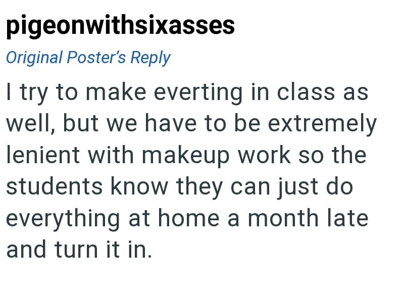 pigeonwithsixasses Original Poster's Reply I try to make everting in class as well, but we have to be extremely lenient with makeup work so the students know they can just do everything at home a month late and turn it in.