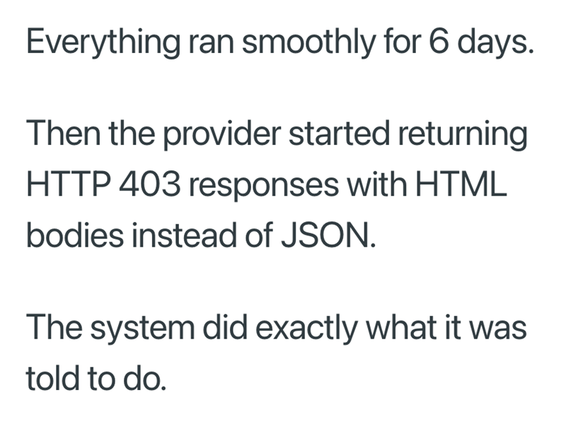 Everything ran smoothly for 6 days. Then the provider started returning HTTP 403 responses with HTML bodies instead of JSON. The system did exactly what it was told to do.