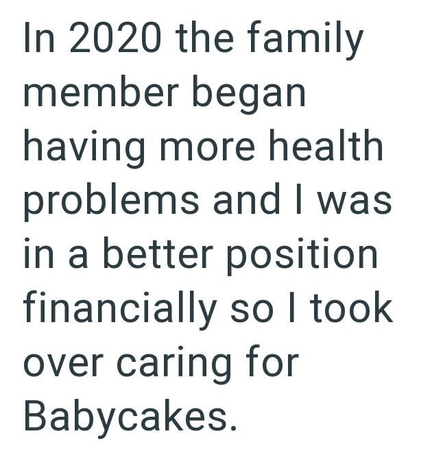 In 2020 the family member began having more health problems and I was in a better position financially so I took over caring for Babycakes.