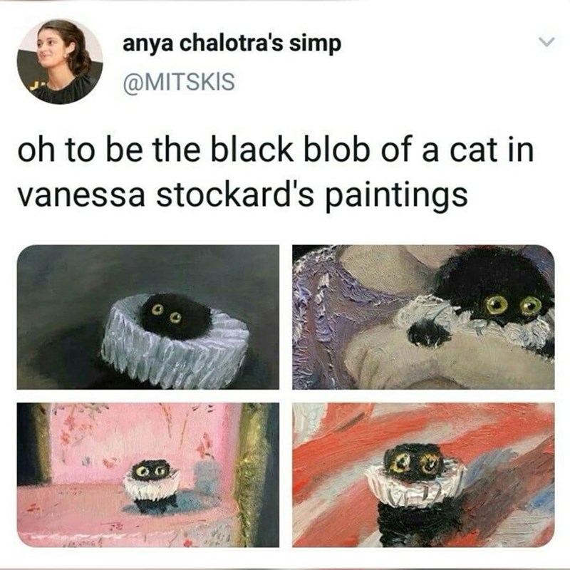 anya chalotra's simp @MITSKIS oh to be the black blob of a cat in vanessa stockard's paintings