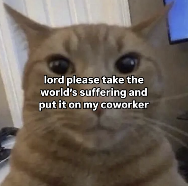 lord please take the world's suffering and put it on my coworker