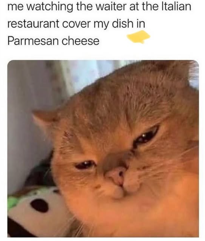 me watching the waiter at the Italian restaurant cover my dish in Parmesan cheese