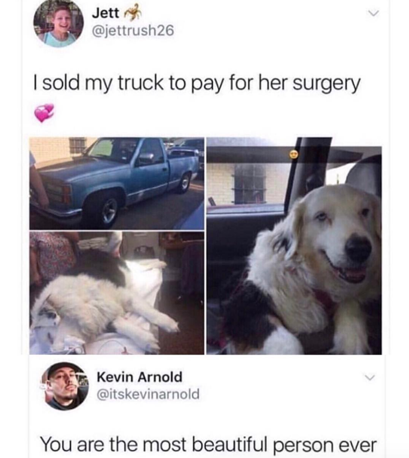 Jett @jettrush26 I sold my truck to pay for her surgery Kevin Arnold @itskevinarnold You are the most beautiful person ever