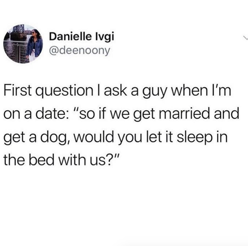 Danielle lvgi @deenoony First question I ask a guy when I'm on a date: "so if we get married and get a dog, would you let it sleep in the bed with us?"